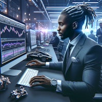 a man in a suit is working on a computer