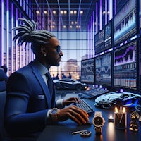 a man in a suit sitting at a desk