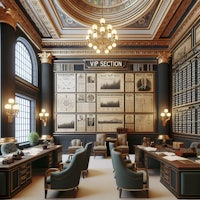 an office with an ornate ceiling and desks